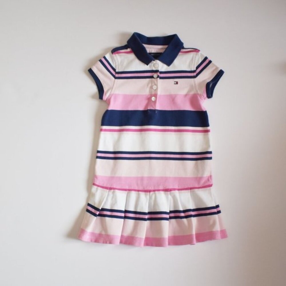 Tommy Hilfiger Navy Blue, White and Pink Striped Polo Pleated Dress Size 2T